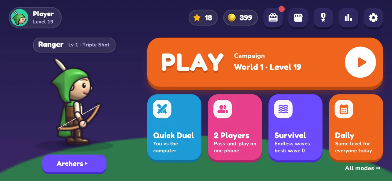 Archer Arcade home screen with character and campaign play button
