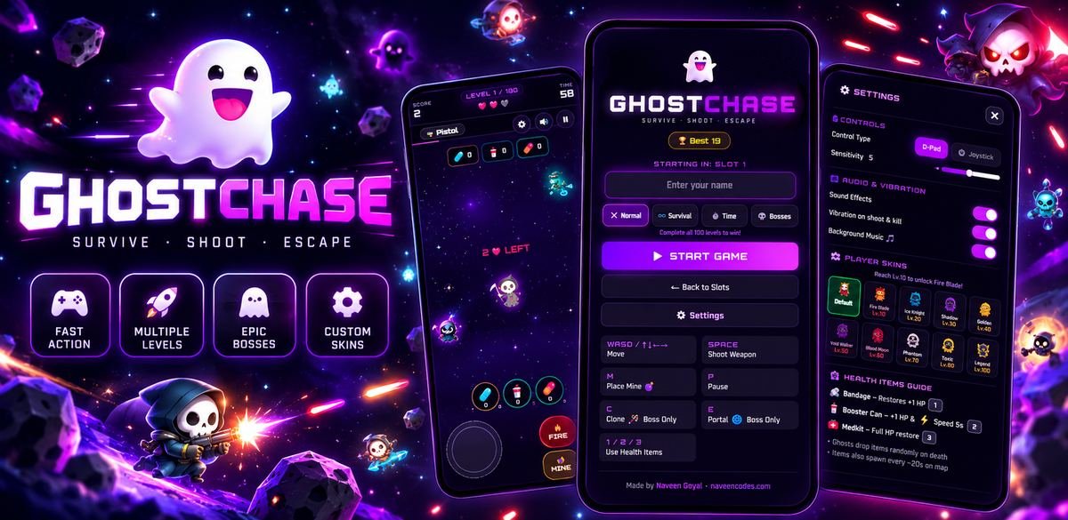 Ghost Chase survival shooter gameplay and menu screens