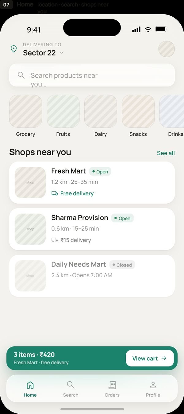 LocalKart customer app showing nearby shops and live cart