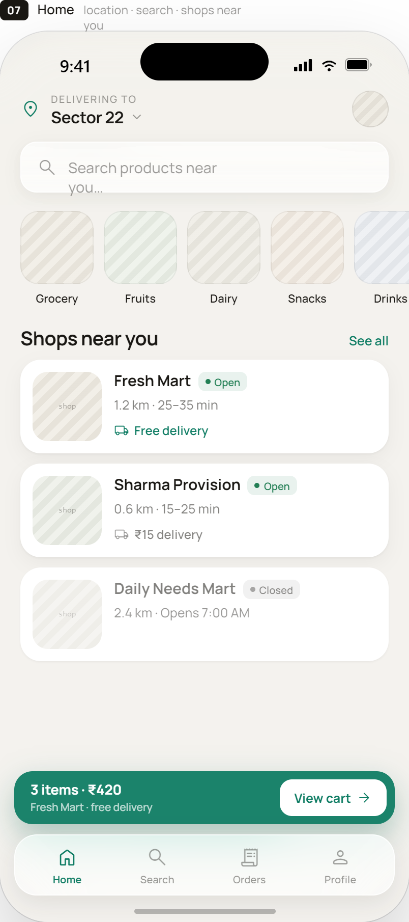 LocalKart customer app showing nearby shops and live cart
