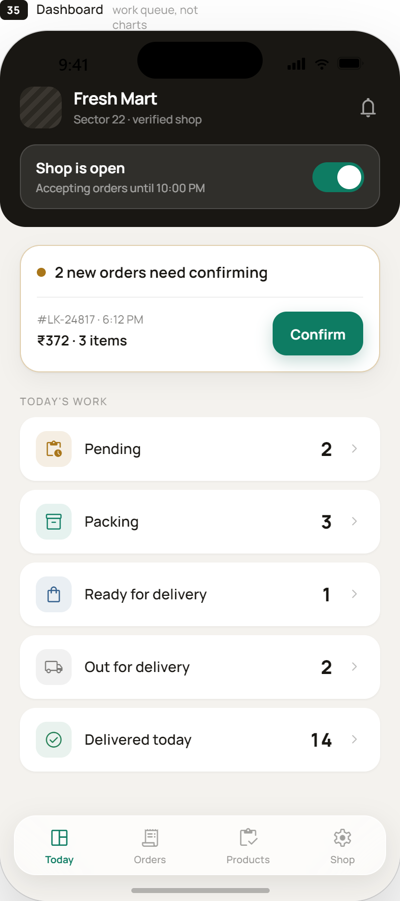 LocalKart shopkeeper dashboard showing order queue and daily work