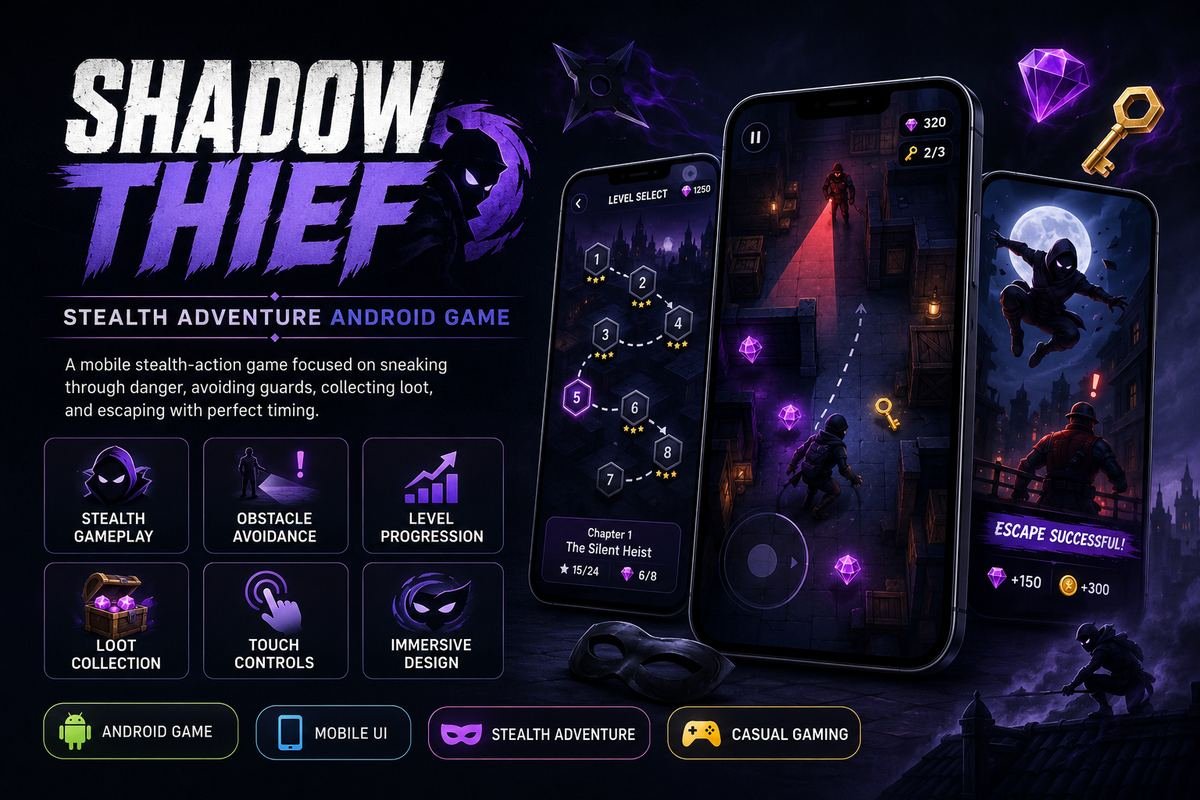 Shadow Thief stealth puzzle gameplay and level map screens